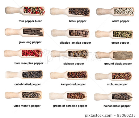 scoops with various peppercorns with names cutout 85060233