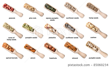 set of wooden scoops with various nut with names set of wooden scoops with various nut with names 85060234