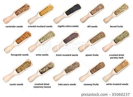 set of wooden scoops with spicy seeds with names set of wooden scoops with spicy seeds with names 85060237