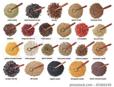 set of wooden spoon on pile of spicy seeds cutout set of wooden spoon on pile of spicy seeds cutout 85060240