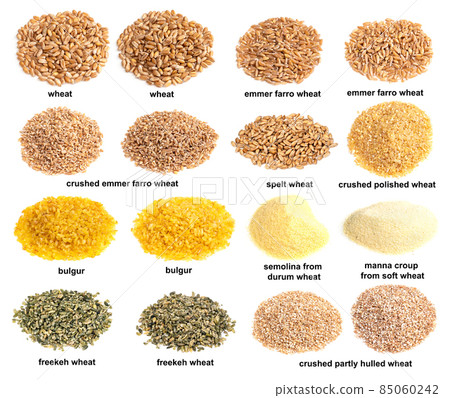 set of piles of variuos wheat grains cutout set of piles of variuos wheat grains cutout 85060242
