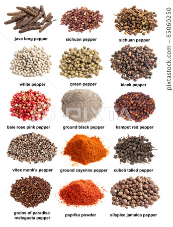 set of piles of variuos whole and ground peppers set of piles of variuos whole and ground peppers 85060250