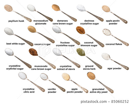 vanillin powder in silver spoon cutout on white vanillin powder in silver spoon cutout on white 85060252