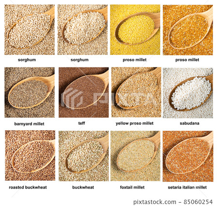 set of various grains in wood spoons closeup set of various grains in wood spoons closeup 85060254