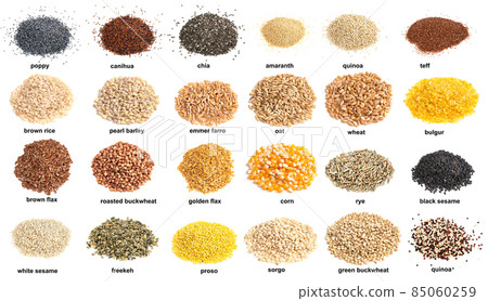 set of piles of variuos edible grains cutout 85060259