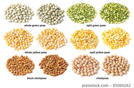 set of piles of variuos peas cutout on white 85060262