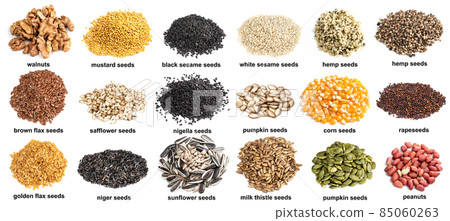 set of piles of variuos oilseeds cutout on white set of piles of variuos oilseeds cutout on white 85060263