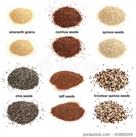 set of piles of pseudocereal grains anf teff set of piles of pseudocereal grains anf teff 85060264