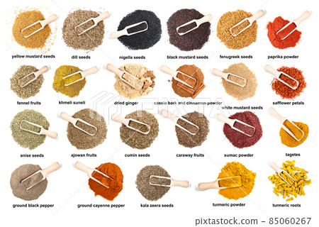 set of wooden scoopes on piles of ground spices 85060267