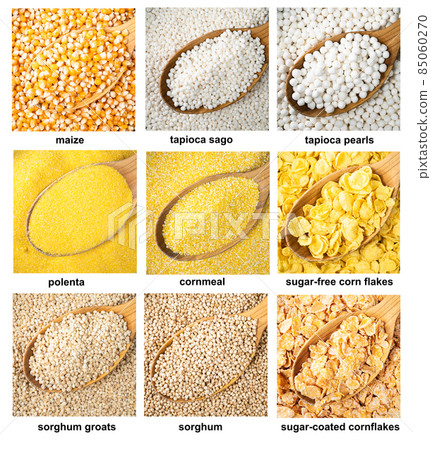 set of various groats in wood spoons closeup 85060270