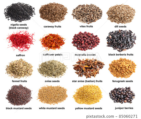 set of piles of variuos spicy seeds and fruits 85060271