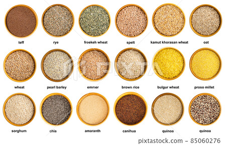 set of various cereal grains in bowls with names 85060276