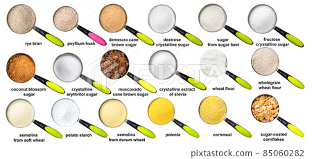 measuring cups with various sugars with names measuring cups with various sugars with names 85060282
