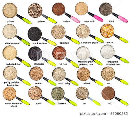 measuring cups with various grains with names 85060285