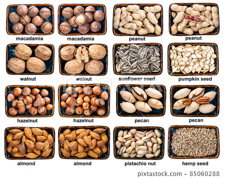 set of various unhusked nuts in bowls with names 85060288
