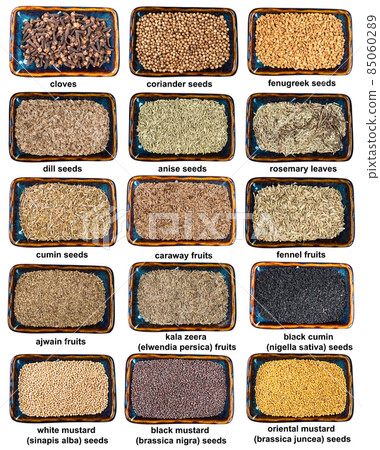 set of various spicy seeds in bowls with names 85060289