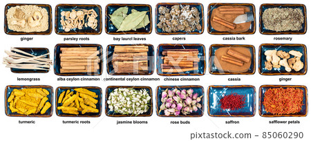 set of various dried flavorings in bowl with names 85060290