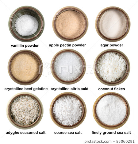 various cooking ingredients in bowls with names 85060291