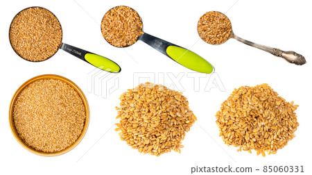 set of golden flax seeds cutout on white 85060331