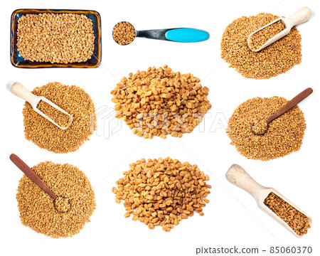 set of various Fenugreek seeds cutout on white 85060370