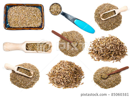 set of various cumin seeds cutout on white 85060381