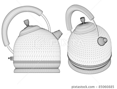 Set with teapot wireframes from black lines isolated on white background. Side view, isometric. 3D. Vector illustration 85060885