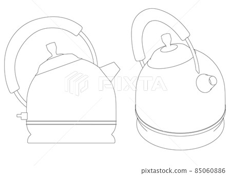Set with the contours of the teapot from black lines Isolated on white background. Side view, isometric. Vector illustration 85060886