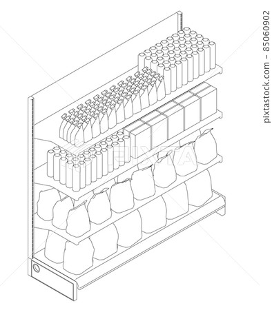 Outline of shop rack with goods from black lines isolated on white background. Bags, packaging, bottles. Isometric view. Vector illustration 85060902