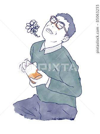 The lid of the bottle is too hard to open. Asian man trying to open the lid of a hard bottle-Watercolor and ink hand-drawn illustration The lid of the bottle is too hard to open. Asian man trying to open the lid of a hard bottle-Watercolor and ink hand-drawn illustration 85063255