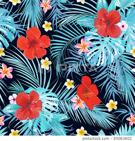 Seamless tropical motif with leaves and flowers - Stock Illustration ...