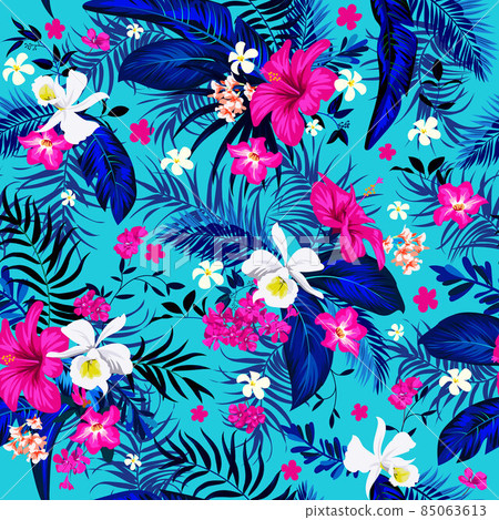 Seamless tropical motif with leaves and flowers Seamless tropical motif with leaves and flowers 85063613