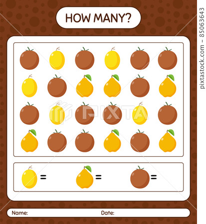How many counting game with fruit. worksheet for preschool kids, kids activity sheet, printable worksheet 85063643