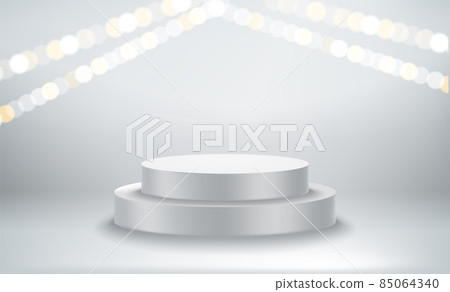Bright room with podium and garland with bokeh effect. Realistic showcase Bright room with podium and garland with bokeh effect. Realistic showcase 85064340