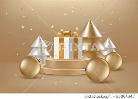 Christmas greeting card with abstract pines, gift boxand golden baubles. 3d vector illustration Christmas greeting card with abstract pines, gift boxand golden baubles. 3d vector illustration 85064343