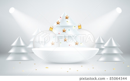 Illuminated studio with podium and Christmas decorations. 3d vector illustration Illuminated studio with podium and Christmas decorations. 3d vector illustration 85064344