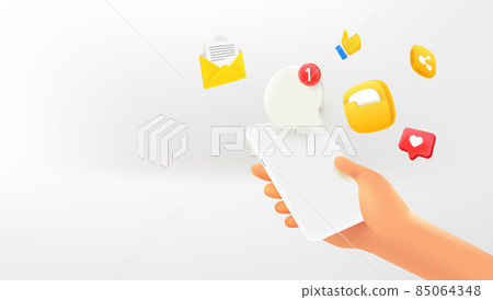 Man using modern mobile applications. 3d vector banner with copy space Man using modern mobile applications. 3d vector banner with copy space 85064348