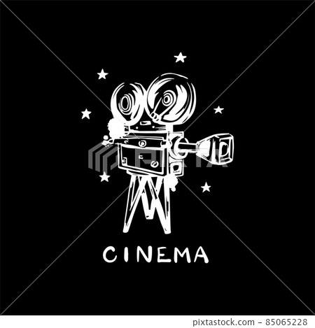 Vintage video camera. Black and white poster with the inscription Cinema. Vector hand-drawn illustration. 85065228