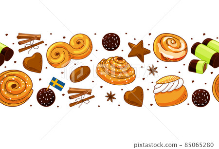 Traditional Swedish sweets seamless border. Kanelbulle bun, cinnamon roll, Pepparkakor, Semla, lussekatt, dammsugare, and chokladboll. Vector cartoon illustration. 85065280
