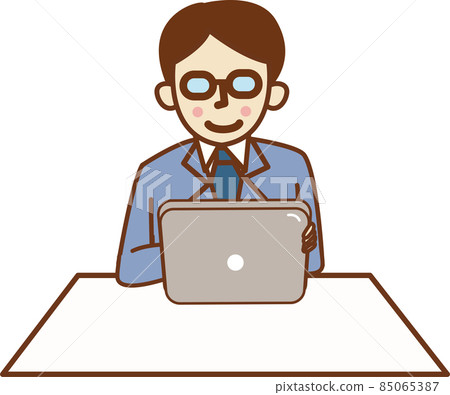 A man in a suit sitting and holding a tablet. 85065387