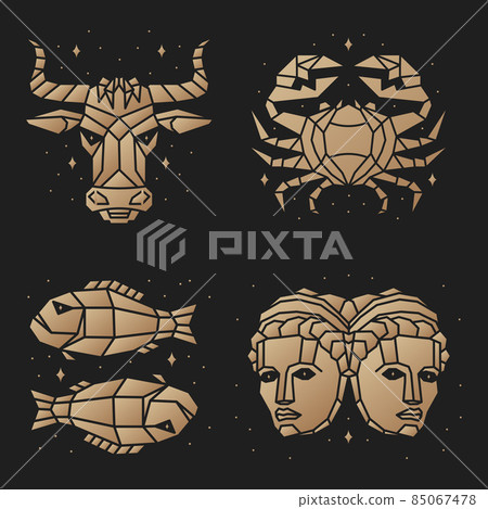 Set of zodiac astrology horoscope sign taurus, gemini, pisces, cancer design. Vector illustration. Elegant symbol or icon of taurus, gemini, pisces, cancer esoteric zodiacal horoscope templates for 85067478