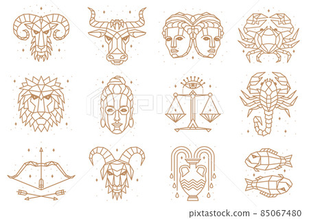 Thin line vector zodiacal symbols. Astrology, horoscope sign, graphic design elements, printing template. Vintage outline stroke style. Isolated on white. 85067480