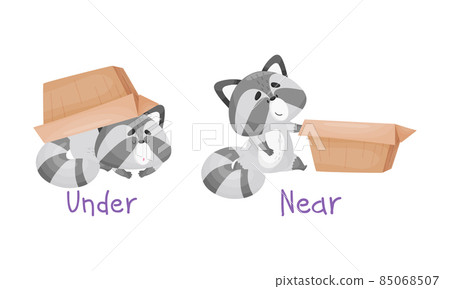 Cat and box. Learning preposition concept. Animal under Stock Vector