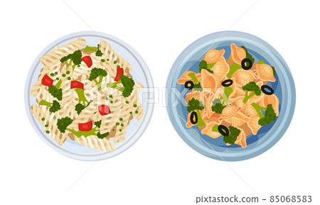 Cooked pasta dishes set. Top view of pasta with vegetables served on plates vector illustration 85068583