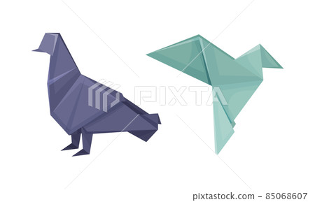 Color origami animals set. Pigeon and hummingbird Japanese origami folded toys vector illustration 85068607