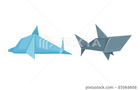 Color origami animals set. Dolphin and shark Japanese origami folded toys vector illustration 85068608