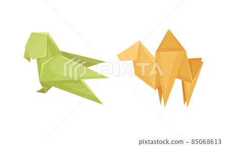 Color origami animals set. Parrot and camel Japanese origami folded toys vector illustration Color origami animals set. Parrot and camel Japanese origami folded toys vector illustration 85068613