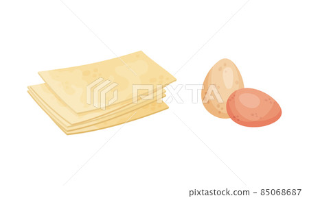 Pasta and eggs. Ingredients for Italian Lasagna cooking set vector illustration 85068687