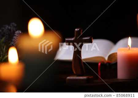 Bible, candle and holy cross Bible, candle and holy cross 85068911