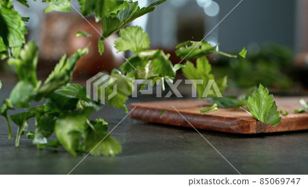 Freeze motion of falling coriander leaves on cutting board. Freeze motion of falling coriander leaves on cutting board. 85069747