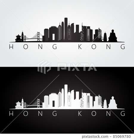 Hong Kong skyline and landmarks silhouette 85069780